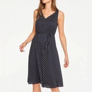 LOFT V-Neck Blue and White Striped Midi Dress